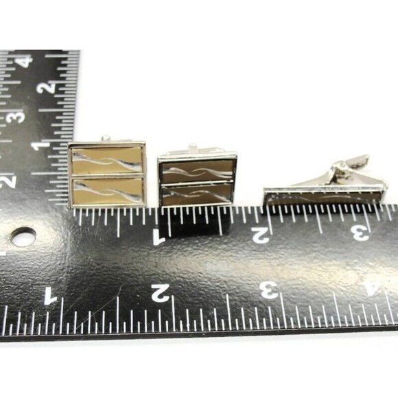 Anson Cufflinks Neck Tie Clip Set Two Tone Brushed Tux Shirt Dress Suit Vintage - Picture 5 of 8